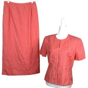 Vintage Y2K Coral Pink LINEN Midi Skirt Suit Embroidered Flowers 2 Piece Set 8